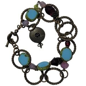 Grandmother's Buttons Oxidized Metal Beaded Charm-Link Bracelet